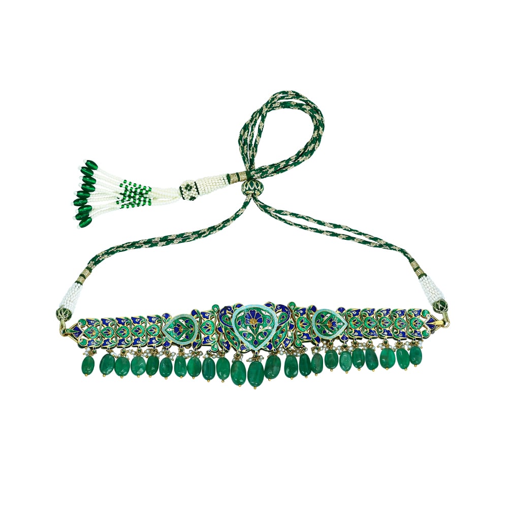 Polki Choker with Emerald Drops and Red Stone Motif